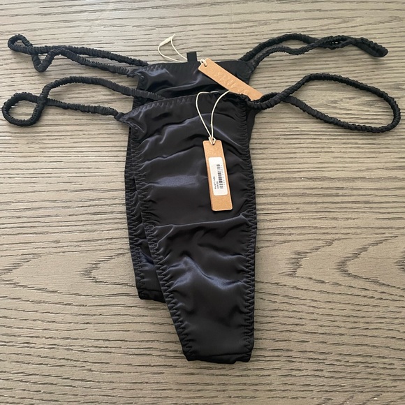 Skims Woven Shine Scrunchie String Thong In Black - Picture 1 of 5